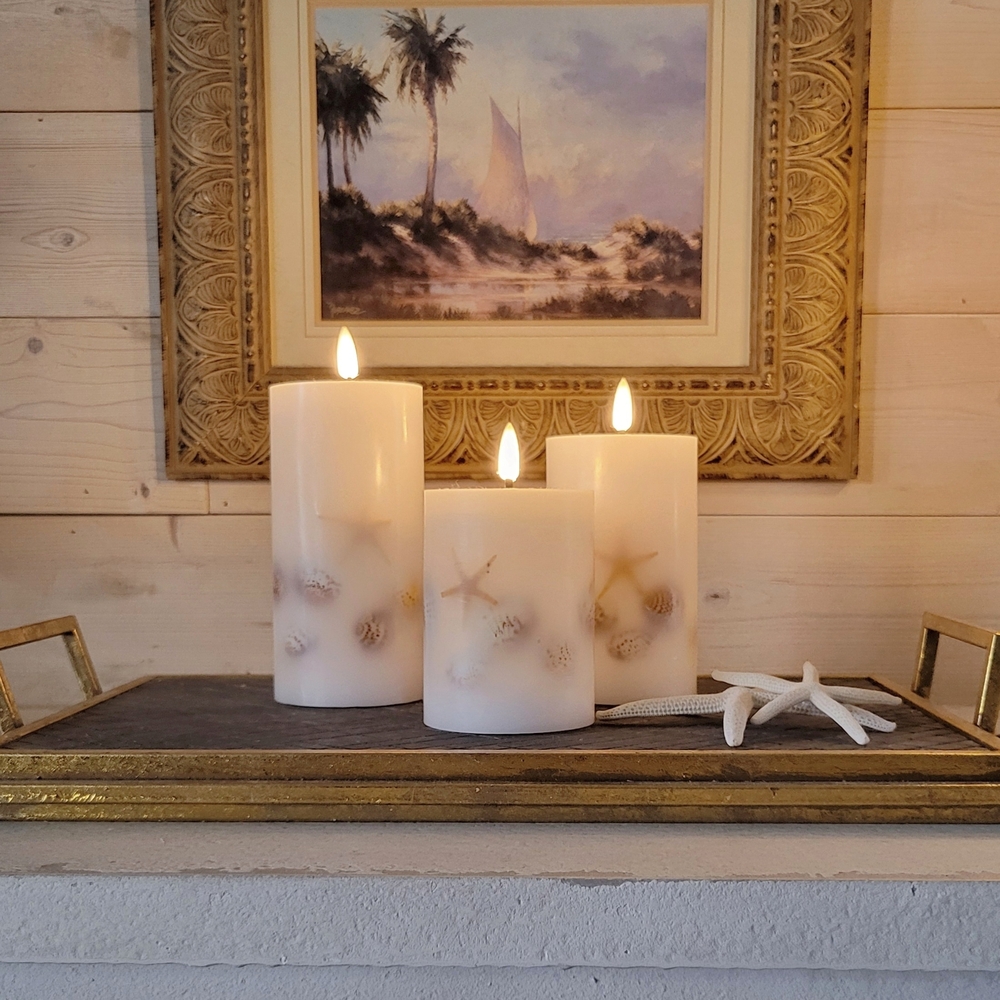 Elegant White LED Candle Set with Seashell Accents Includes Remote
